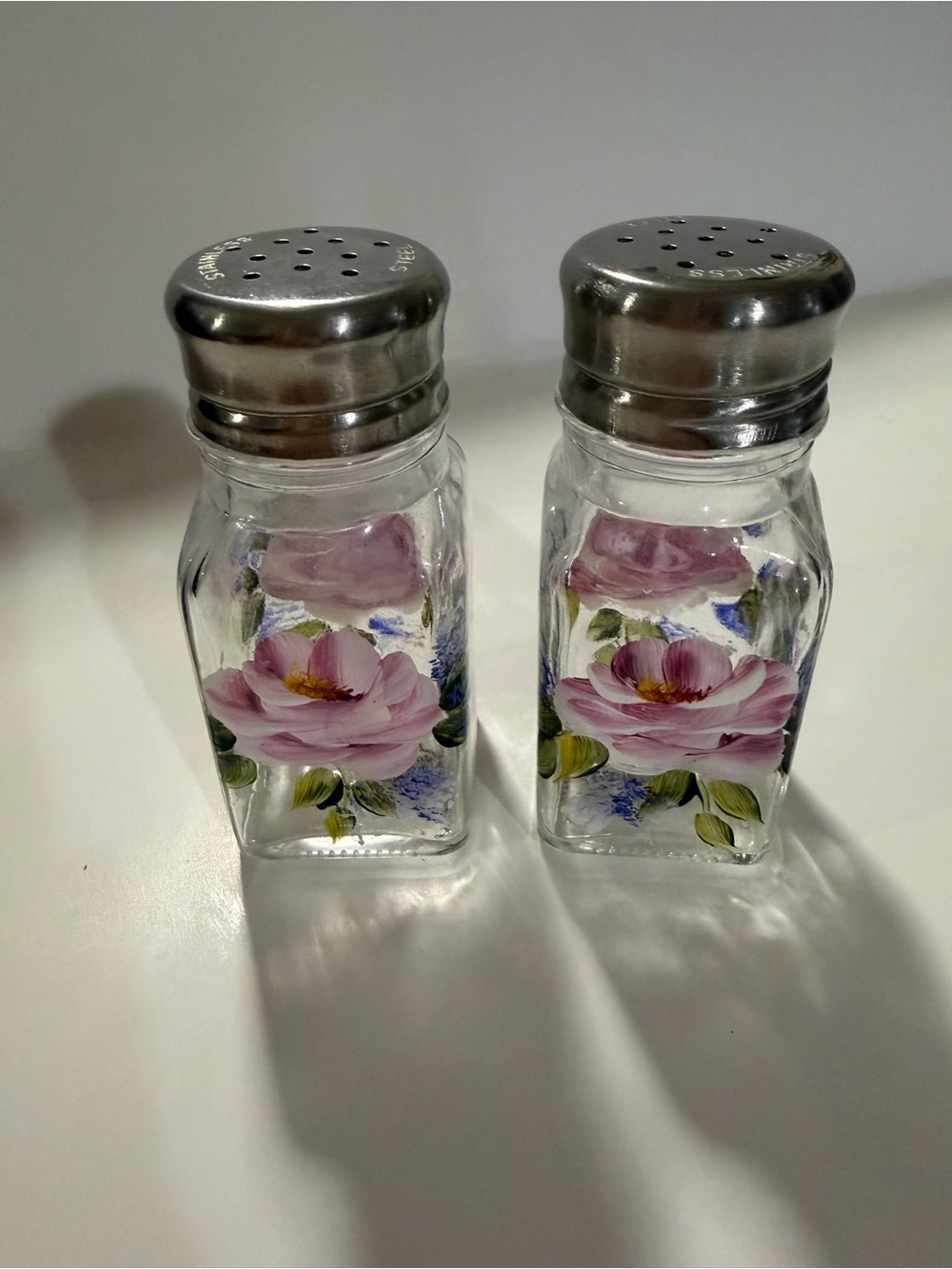Decorative Pink Floral Glass Salt and Pepper Shakers with Silver Tops